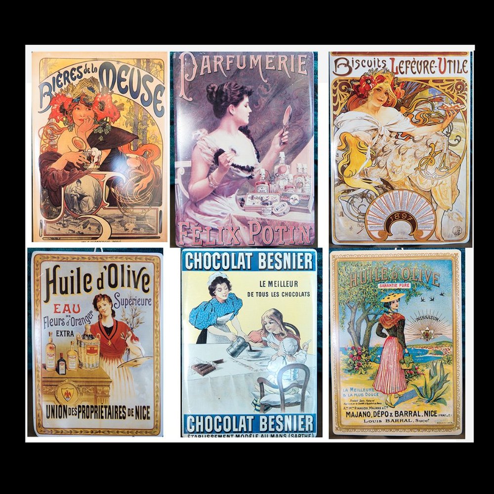 Set of SIX Oversized Retro Vintage Metal French Postcards